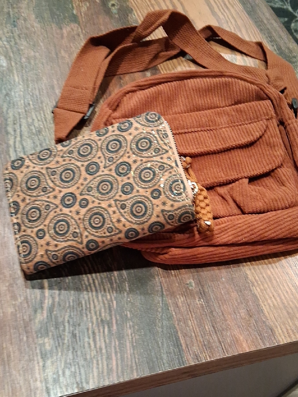 Rust Corduroy Hobo Bag with Patterned Wallet - Unbranded